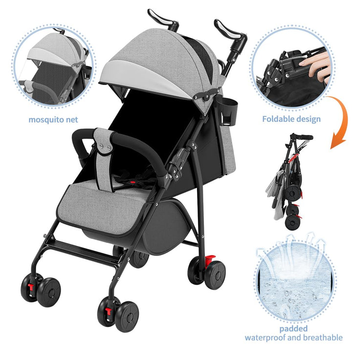 Kinderwagen mit Verstellbarem Schiebegriff, 4-Rad Liegebuggy ab 0–4 Jahre, Höhenverstellbar, Leicht
