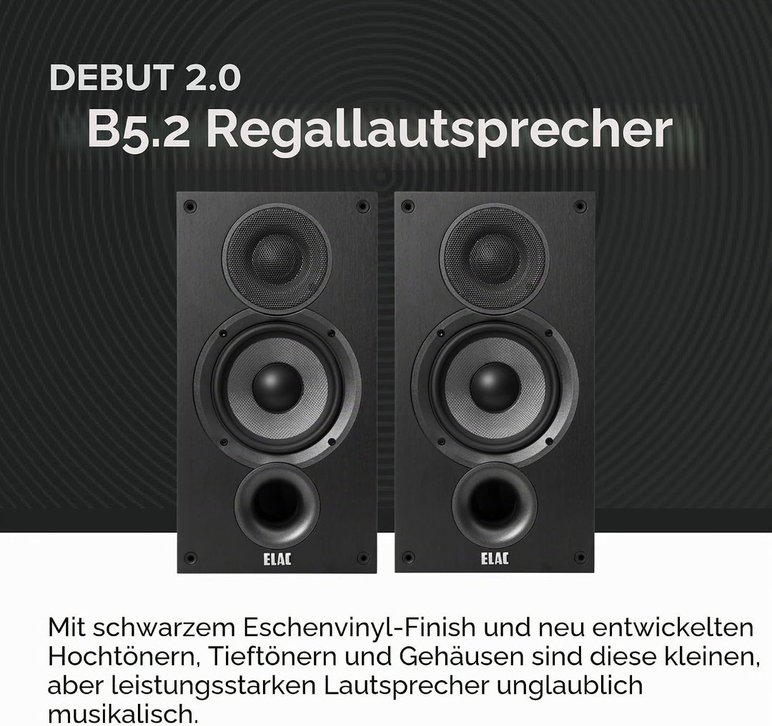 ELAC Debut 2.0 B5.2 Bücherregal-Lautsprecher, Schwarz, 1 Paar, Paar