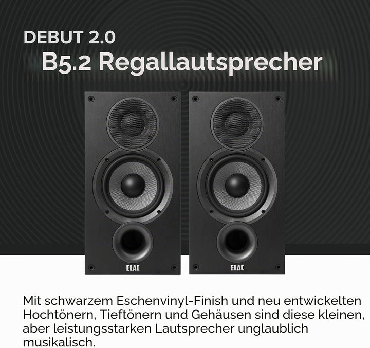 ELAC Debut 2.0 B5.2 Bücherregal-Lautsprecher, Schwarz, 1 Paar, Paar