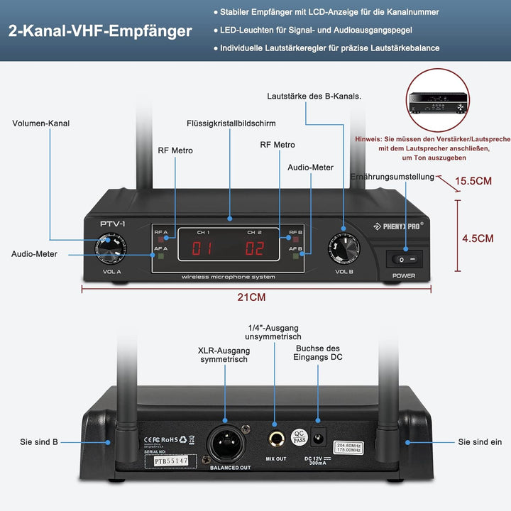 Phenyx Pro Wireless Mikrofon Set,VHF Kabellos Mikrofon System mit 1 Handheld+1 Headset+1 Lapel+1 Bod
