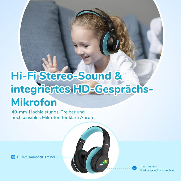 EarFun Bluetooth Kopfhörer Kinder, 5 LED-Beleuchtungsmodi, 74/85/94 dBA Lautstärkebegrenzung, 90 Std
