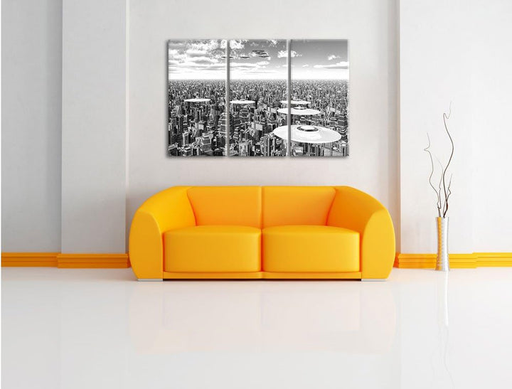 Pixxprint UFO´s über der Stadt Kunst B&W 3-Teiler Leinwandbild 120x80 Bild auf Leinwand