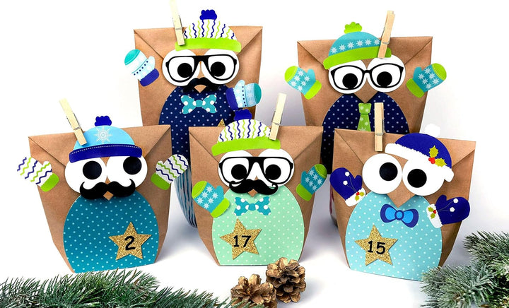 Papierdrachen Adventskalender 2025 zum Befüllen - 24 blaue Eulen-Tüten im Winterdesign - DIY Set mit
