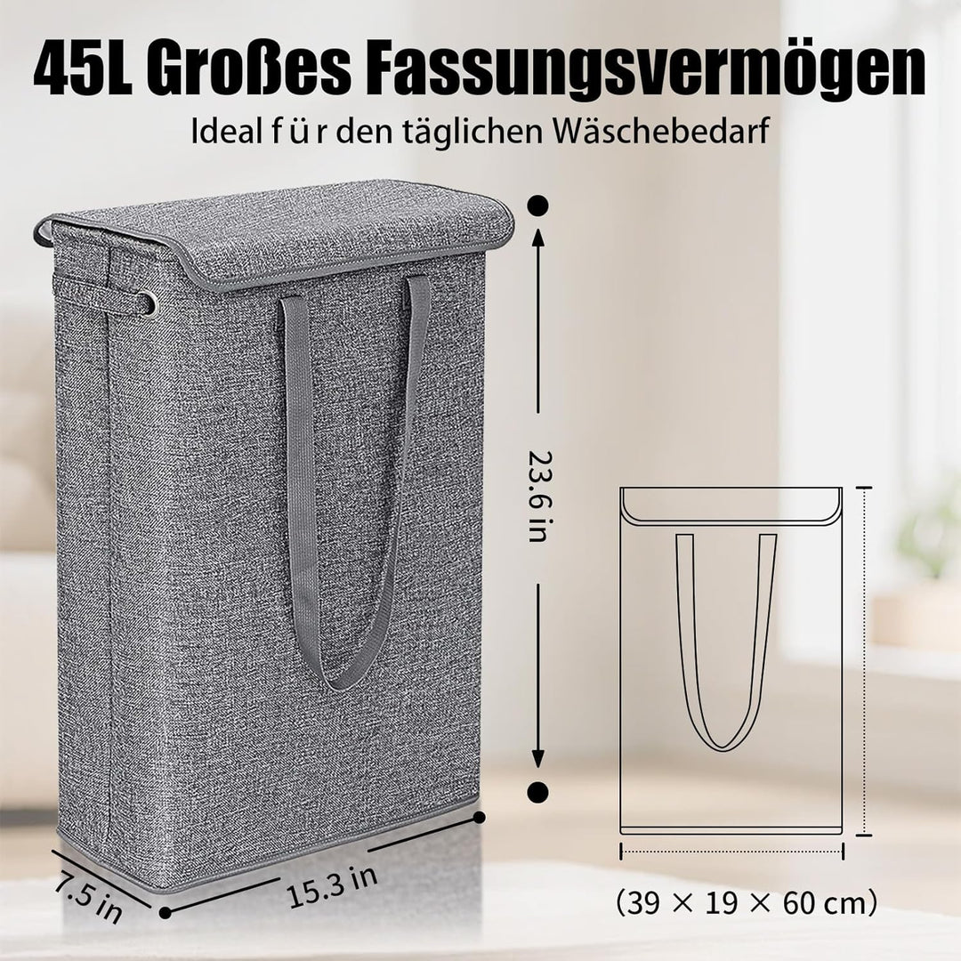 Foldable Wäschekorb Schmal mit Deckel 45L – Laundry Basket aus Leinenoptik mit Reissverschluss-Innen
