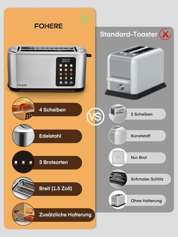 Toaster 4 Scheiben, Langschlitz Toaster, 1400W Edelstahl Toaster, 9 Farbeinstellungen und 3 Brotsort