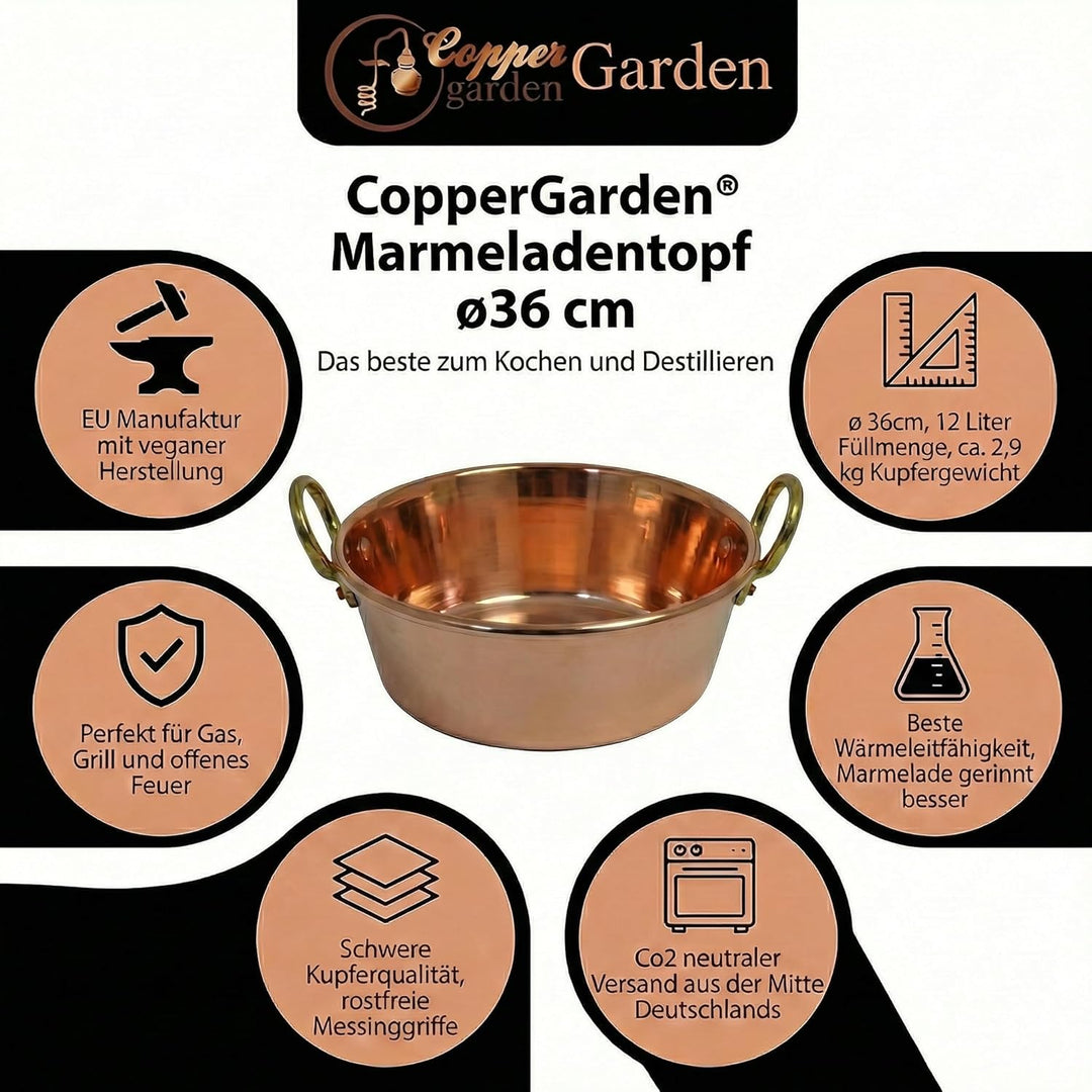 CopperGarden Sossen- & Marmeladentopf 12 Liter I Kochtopf aus Kupfer mit 36 cm Durchmesser I grosser