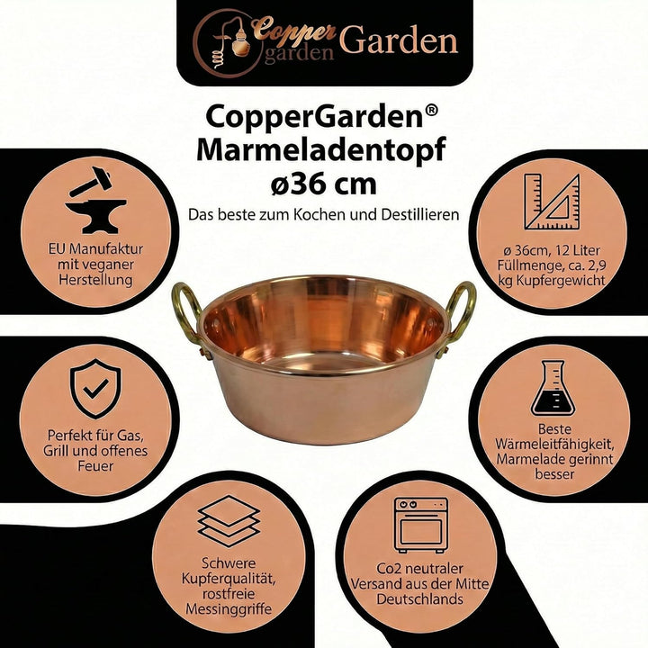 CopperGarden Sossen- & Marmeladentopf 12 Liter I Kochtopf aus Kupfer mit 36 cm Durchmesser I grosser