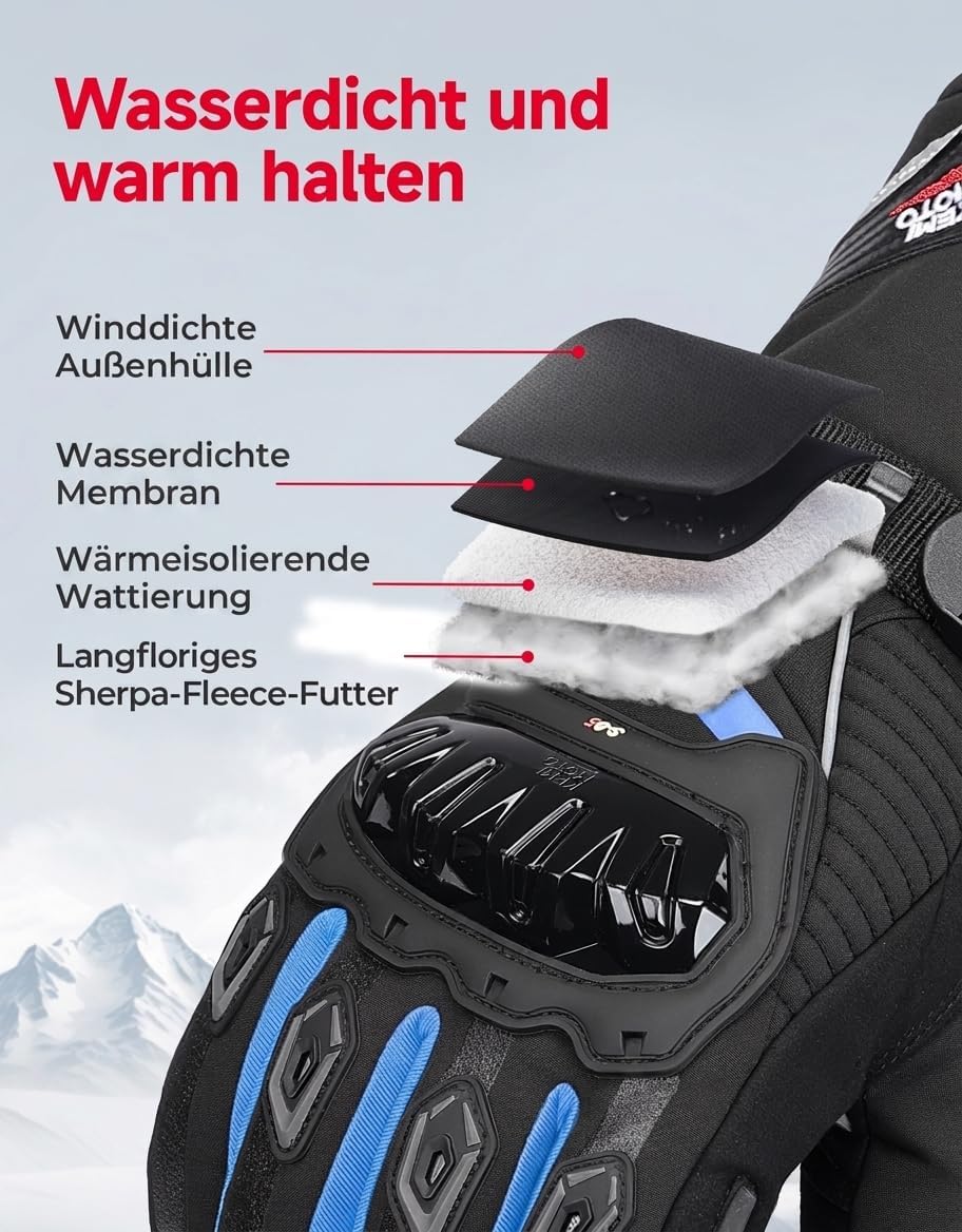 ISSYZONE Winter Motorradhandschuhe, Motorrad Handschuhe Winter, geprüfte Motorradhandschuhe Herren,