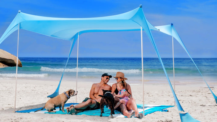 SUN NINJA Strandzelt, Sonnensegel LSF 50+, mit Sandschaufel, Heringen und Stabilitätsstangen, Schatt