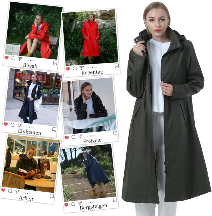 Regenmantel Damen lang Regenparka Damen wasserdicht atmungsaktiv gefütterte Regenjacke Trenchcoat Üb