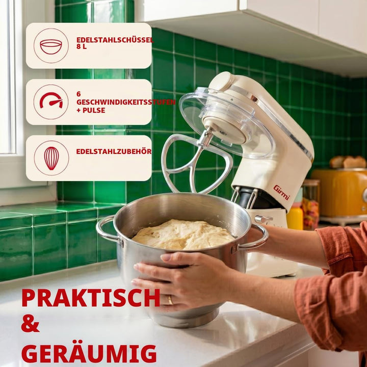 Girmi IM50W Knetmaschine, 8 l Behälter aus Edelstahl, mit Griffen, 2200 W (max), 6 Geschwindigkeiten