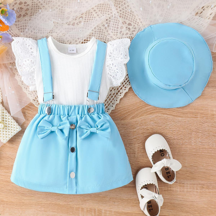 Kleinkind Baby Mädchen Rüschen Hosenschlitz Kurzarm Geripptes Oberteil + Schleife Strapsrock Overall