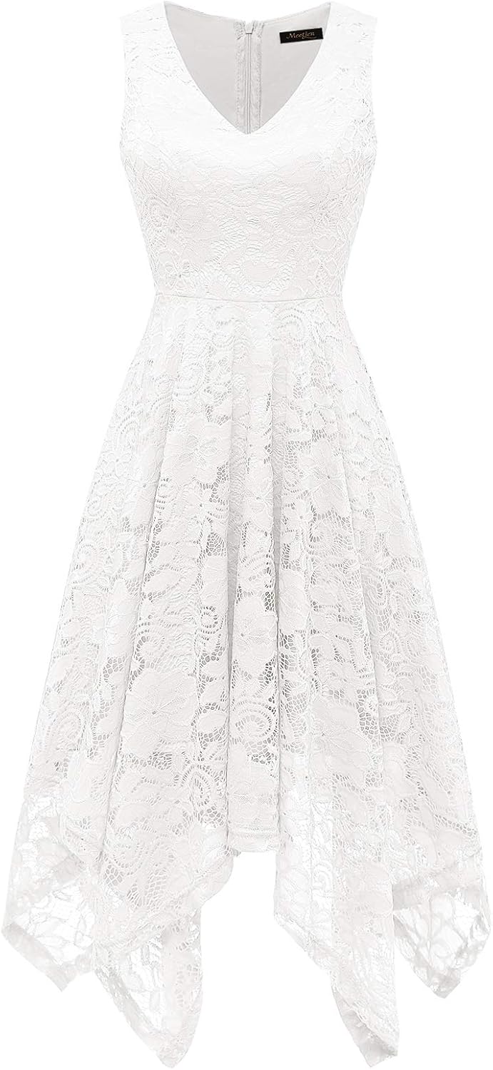 Meetjen Damen Elegante Abendkleid A-Linie Hochzeit Gast Brautjungfernkleid L Weiss, L Weiss