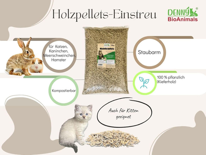 Kleintierstreu, Katzenstreu Holzpellets 15 kg (23 L) – 100% natürliche Einstreu für Katzen, Kaninche