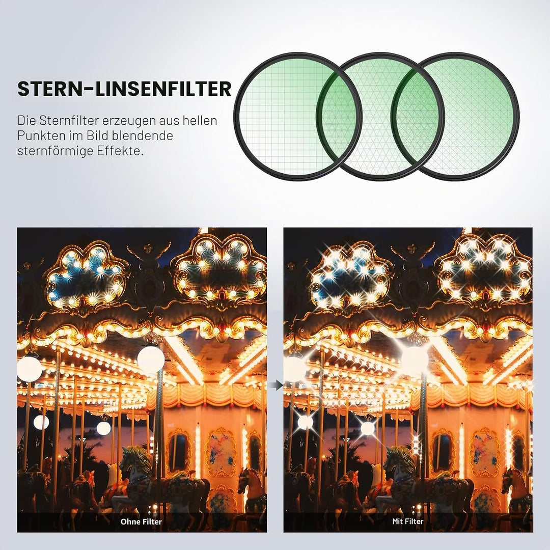 NEEWER 3 STÜCK 49mm Sternfilter, Einstellbarer Kreuzschirm Sterneffektfilter (4, 6, 8 Punkte) mit ul