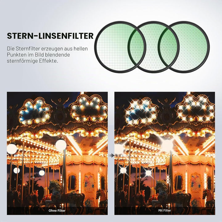 NEEWER 3 STÜCK 49mm Sternfilter, Einstellbarer Kreuzschirm Sterneffektfilter (4, 6, 8 Punkte) mit ul