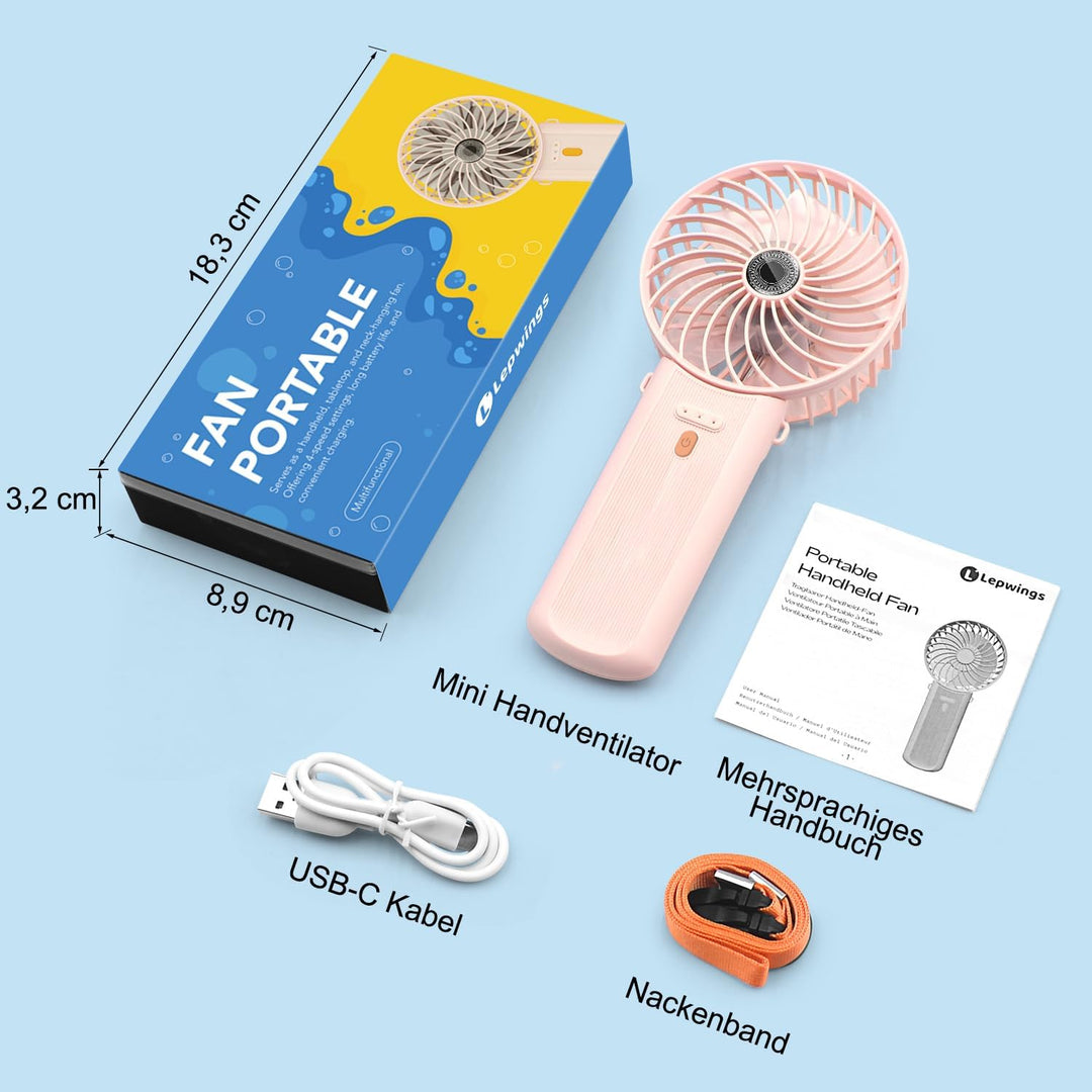 Lepwings Handventilator, Mini Ventilator USB Wiederaufladbar, 5,5-16 Std. Laufzeit, 4 Windgeschwindi