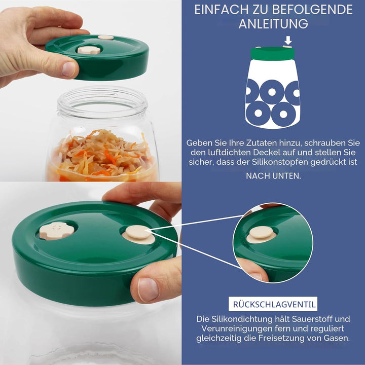 Gärglas mit Entlüftungsventil mit 1-Wege-Entlüftung - 1.4L 2er-Pack Lebensmittelecht Fermentierglas