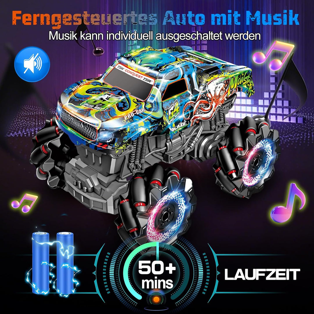Monstertruck Ferngesteuert mit Licht Reifen, Musik und 360°Drehung (Blau) | 1/20 Ferngesteuerter Mon