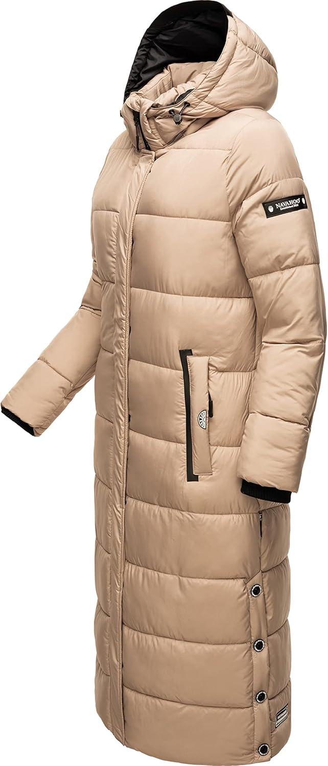 Navahoo Damen Wintermantel warmer Steppmantel lang mit abnehmbarer Kapuze Isalie XS-3XL XXL Taupe, X