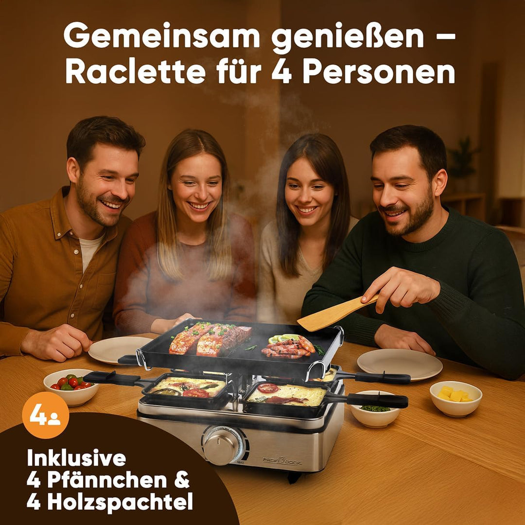 ProfiCook® Raclette 4 Personen | inkl. 4 Pfännchen und 4 Holzspachtel | Wendegussplatte für gleichmä