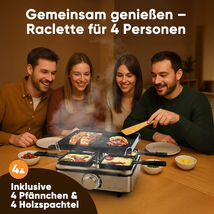 ProfiCook® Raclette 4 Personen | inkl. 4 Pfännchen und 4 Holzspachtel | Wendegussplatte für gleichmä