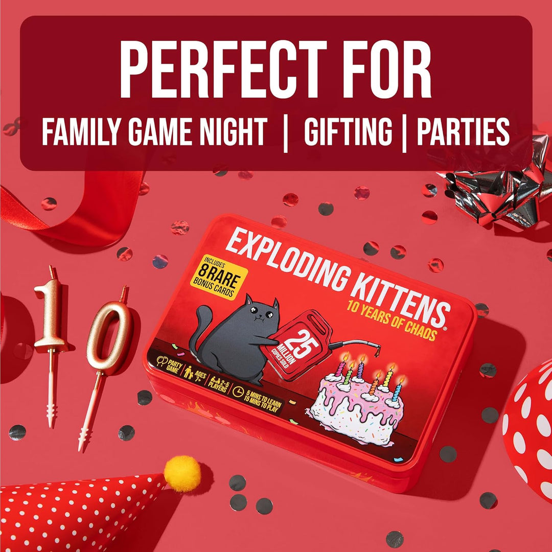Exploding Kittens -10th Anniversary Collectible Tin (New Edition) – Updated with 8 Legacy Cards – Hi