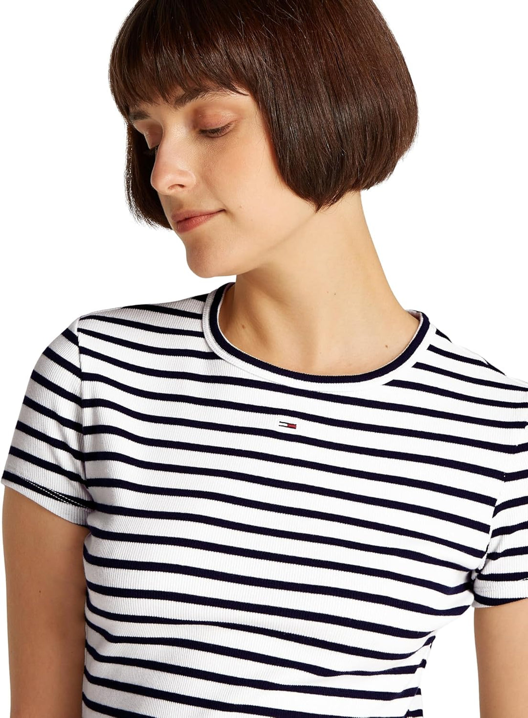 Tommy Jeans Damen T-Shirt Kurzarm Essential Rib Slim Fit XXS Blue (Dark Night Navy / Stripe), XXS Bl
