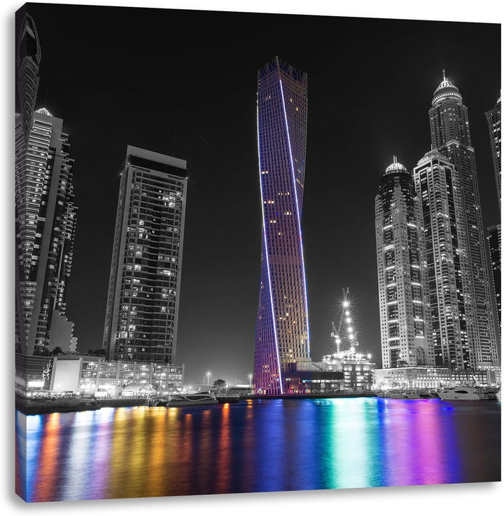 Pixxprint Skyline von Dubai bei Nacht schwarz/weiss, Format: 70x70 auf Leinwand, 70x70
