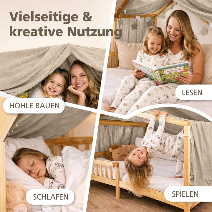 Hook Hausbett Himmel Deko Set, Betthimmel Hausbett aus Musselin - 1 Betthimmel &amp; 1 Wimpelkette, für