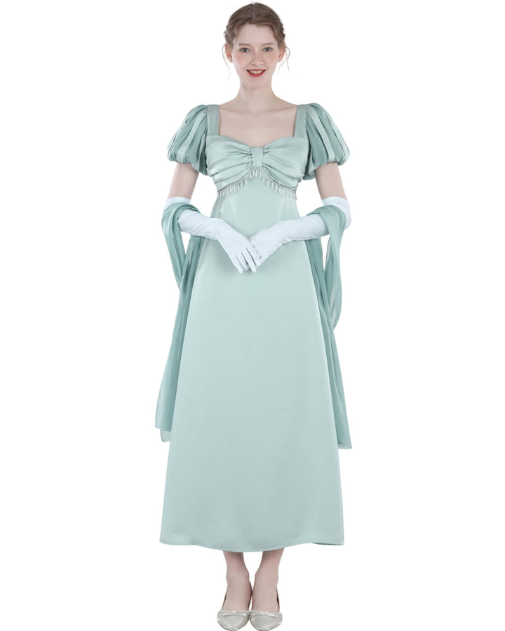 Damen Regency Kleid Jane Austen Lange Vintage Kleider Viktorianische Ballkleid mit Schal und Handsch