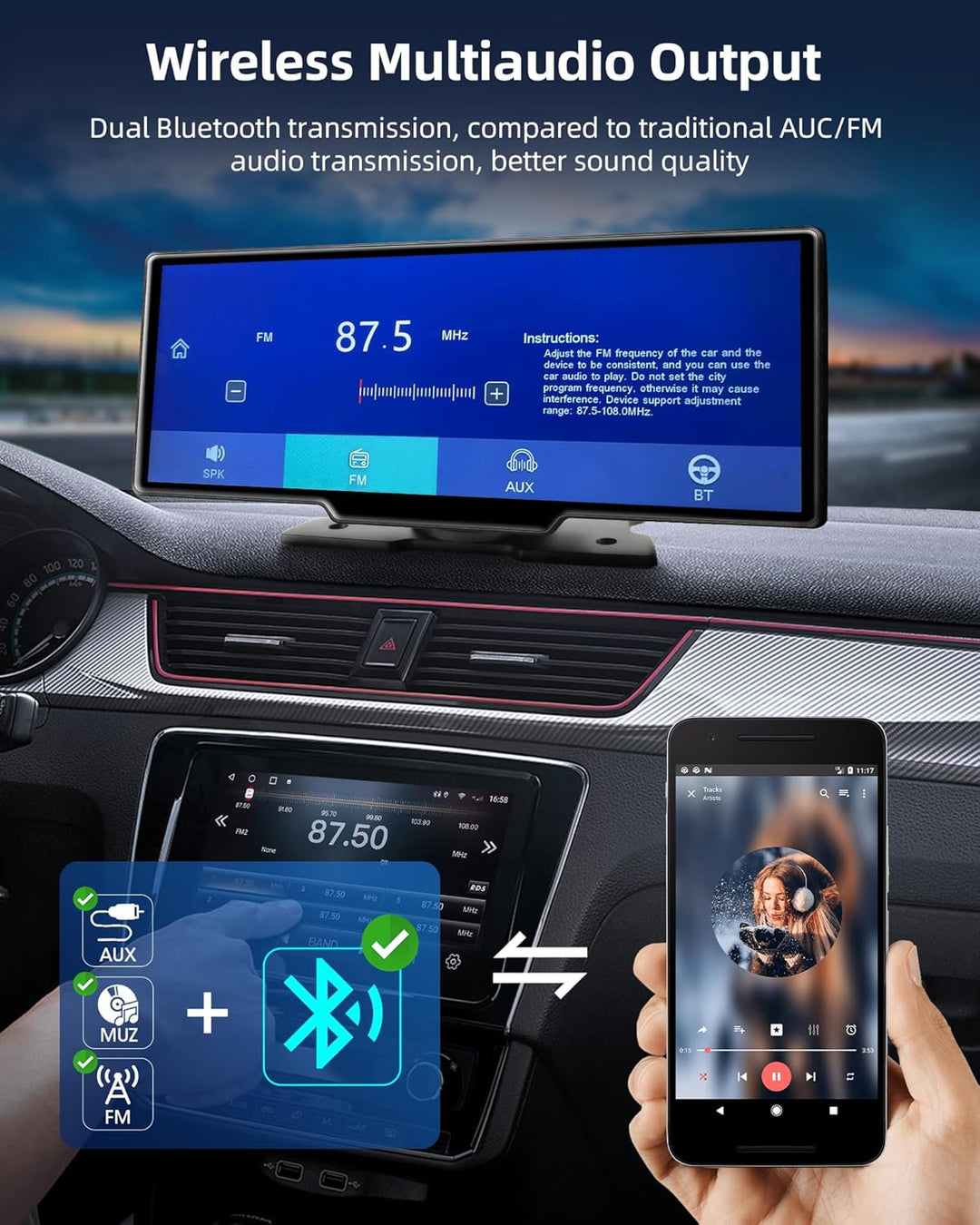 Wireless Carplay Android Auto Display mit 2.5K Dashcam Auto Vorne Hinten 10.26 Zoll Touchscreen Carp