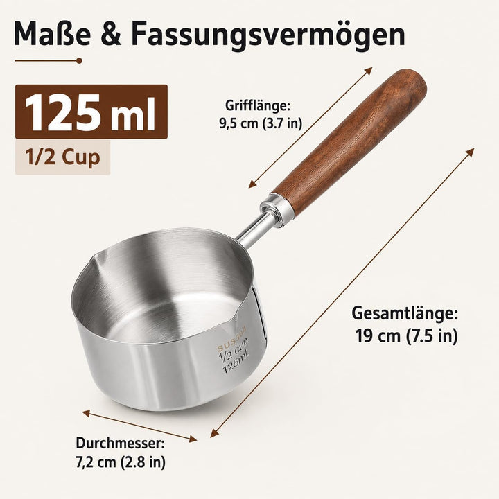 UKCOCO Mini Topf Edelstahl 125ml mit Holzgriff - Kleiner Butterwärmer Induktion &amp; Herd - Milchpfanne