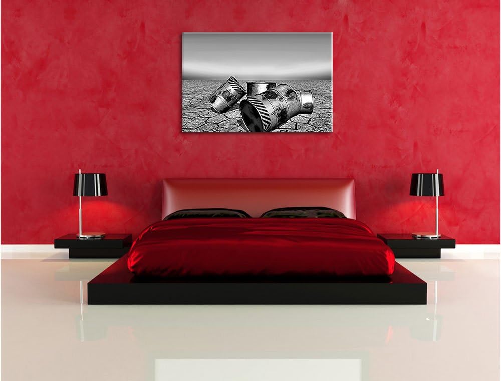 Pixxprint Monocrome, Atommüllfässer in ausgetrockneter Wüste als Leinwandbild | Grösse: 100x70 cm |