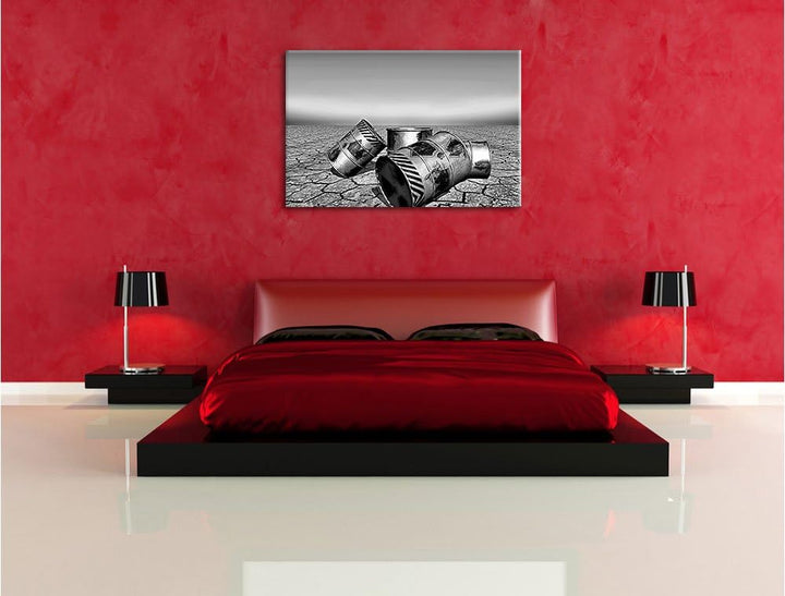 Pixxprint Monocrome, Atommüllfässer in ausgetrockneter Wüste als Leinwandbild | Grösse: 100x70 cm |