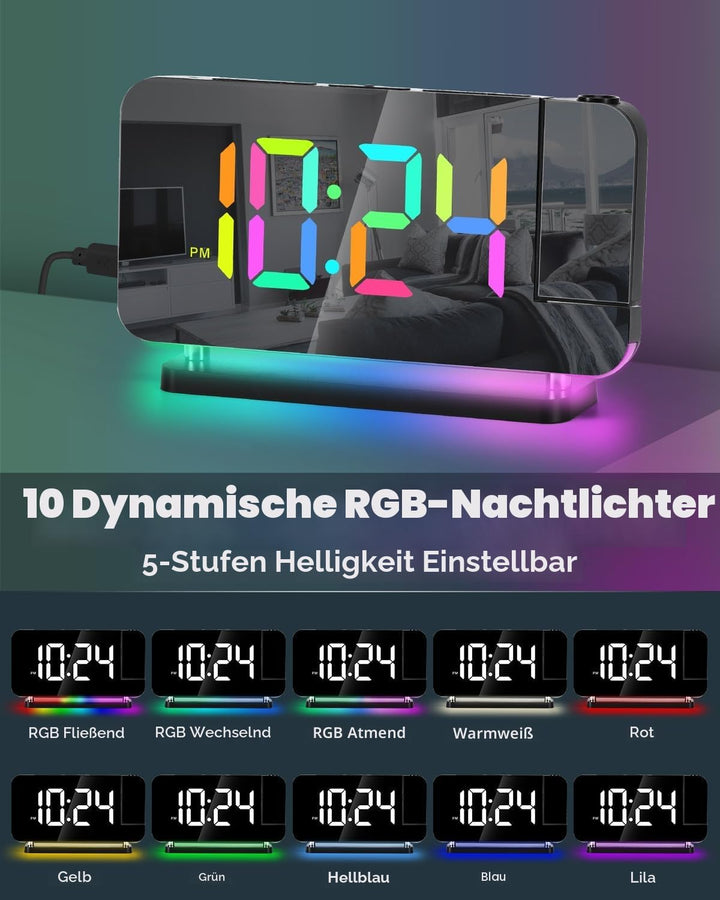 SZELAM Projektionswecker, 7.4 Zoll Digitale Spiegeluhren, mit 180° drehbarem Projektor, RGB-Nachtlic