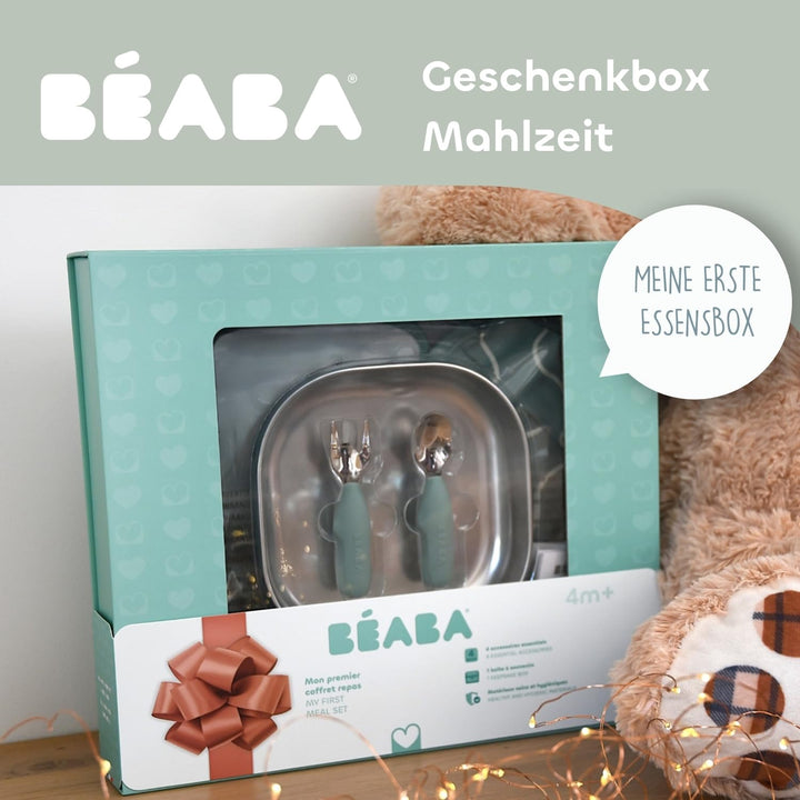 BÉABA Baby-Essensset Geschenkset ab 4 Monaten – Edelstahl-Teller mikrowellengeeignet, Ergonomisches