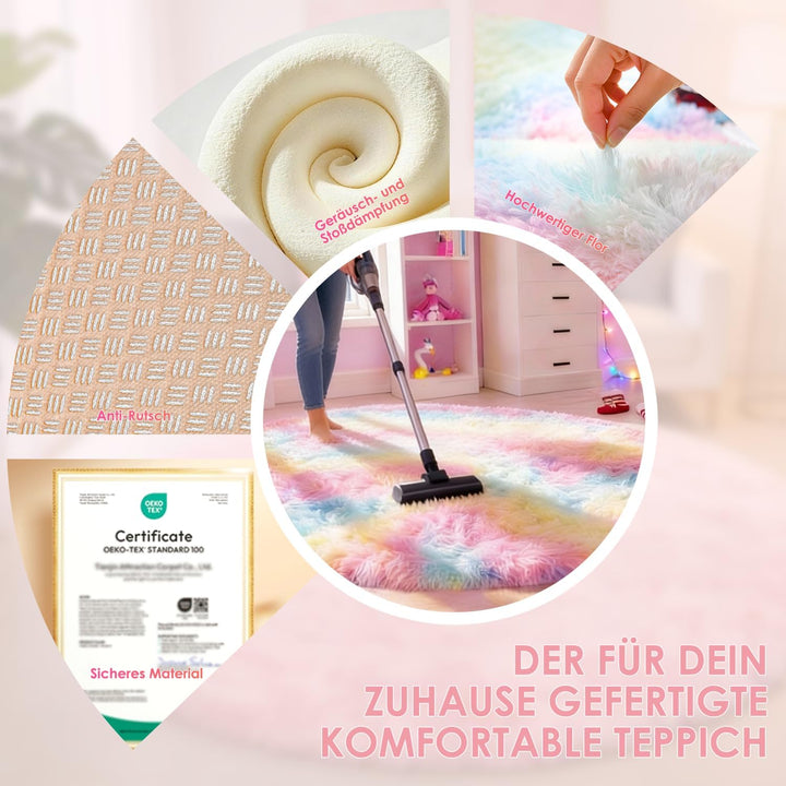 Teppich Rund 100 cm Regenbogen Waschbar Rutschfester Runder Hochflorteppich Wohnzimmer Kinderzimmer