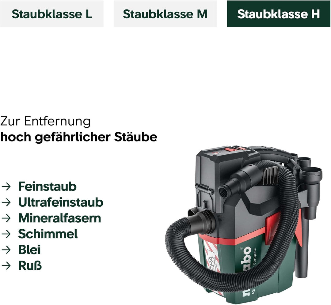 Metabo AS 18 HEPA PC Compact Akku-Sauger 18V - Karton- mit manueller Filterreinigung und HEPA Filter