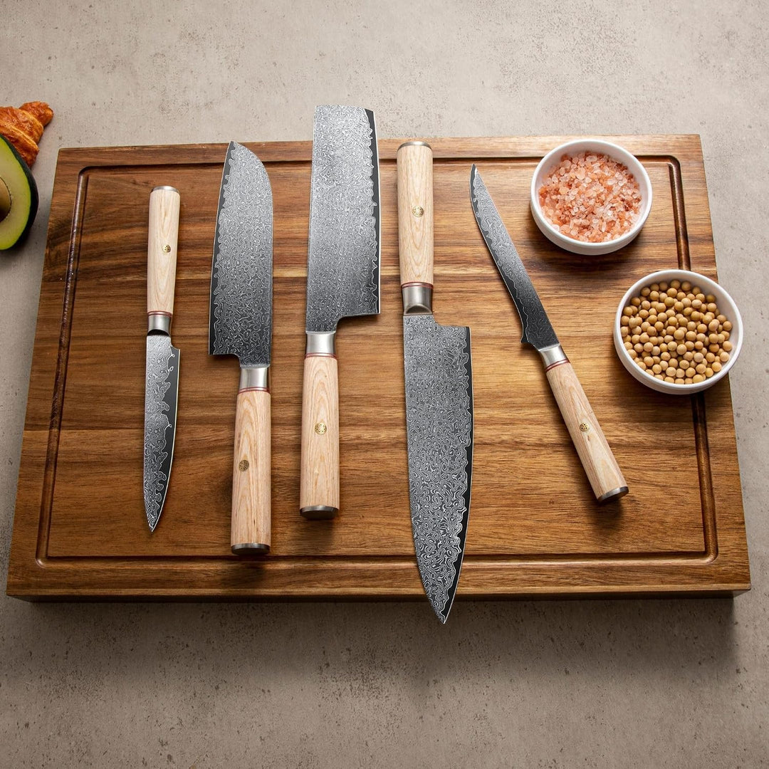 Damastmesser set. Japanisches messer set perfekt für präzisionsschnitte. Damast küchenmesser mit San