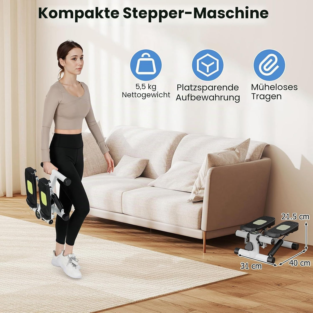 KOMFOTTEU Mini Stepper tragbar, Swing Stepper höhenverstellbar mit Widerstandsbändern, LCD-Bildschir
