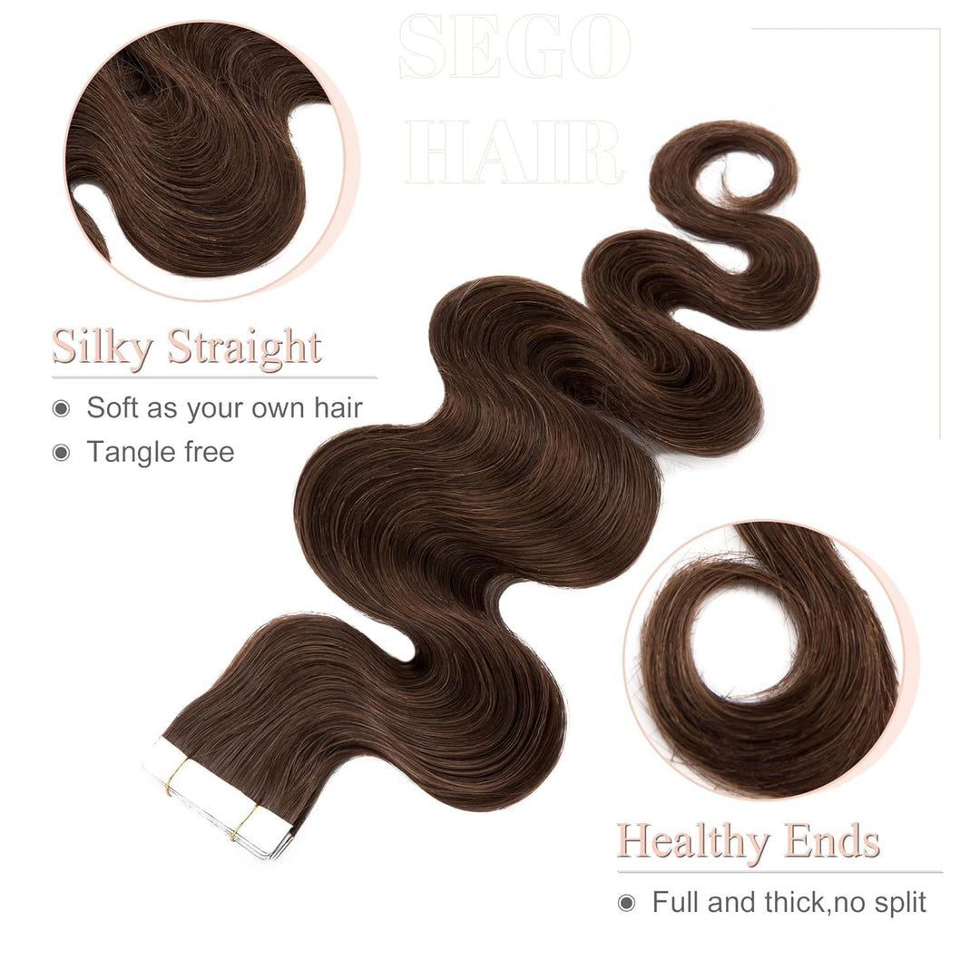 SEGO Tape Extensions Echthaar GEWELLT 14zoll/35cm 20 Stück Klebeband Haarverlängerung 100% Remy Haar