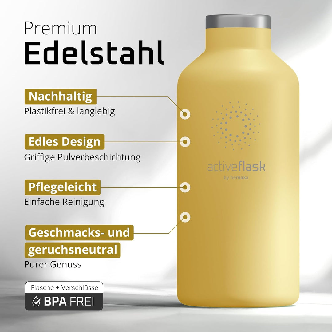 Trinkflasche Edelstahl mit Strohhalm, Infuser + 3 Deckel: BPA-frei, Auslaufsicher, Kohlensäure geeig