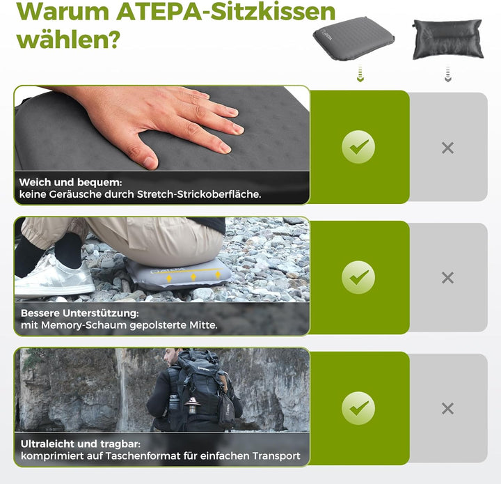 ATEPA Sitzkissen Outdoor, Faltbar Aufblasbar Stadion Flugzeug Unterwegs Camping Wander Bürostuhl Ult