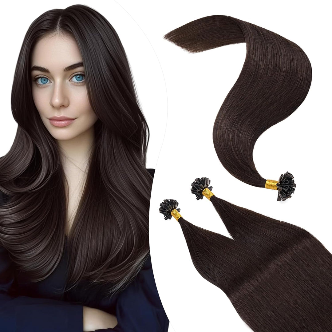 Elailite Echthaar Bonding Extensions #2 Dunkelbraun, 100 Strähnen U-Tip Haarverlängerung Keratin für