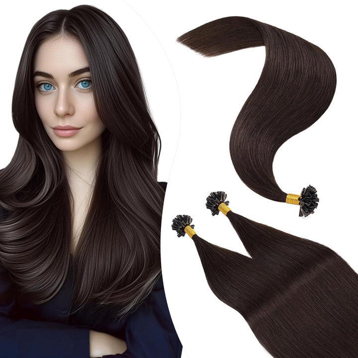 Elailite Echthaar Bonding Extensions #2 Dunkelbraun, 100 Strähnen U-Tip Haarverlängerung Keratin für