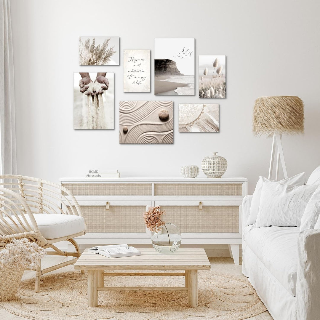 Novart Wandbilder Strand Boho - KOMPLETT AUFHÄNGFERTIG - Beige Wohnzimmer Schlafzimmer- 7 Moderne Mo