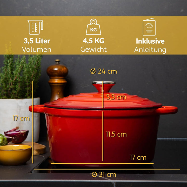 Chefarone Gusseisen Topf 24 cm, 3,5 L – Schmortopf emailliert mit Deckel für Brot backen, Schmoren &