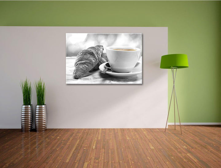 Croissants und Kaffee schwarz/weiss Format: 100x70 auf Leinwand, XXL riesige Bilder fertig gerahmt m
