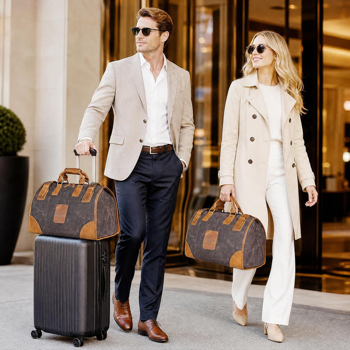 Wasserabweisend Canvas Crazy Horse Leder Reisetasche 35L Trim Unisex Handgepäck Weekender Tasche Spo